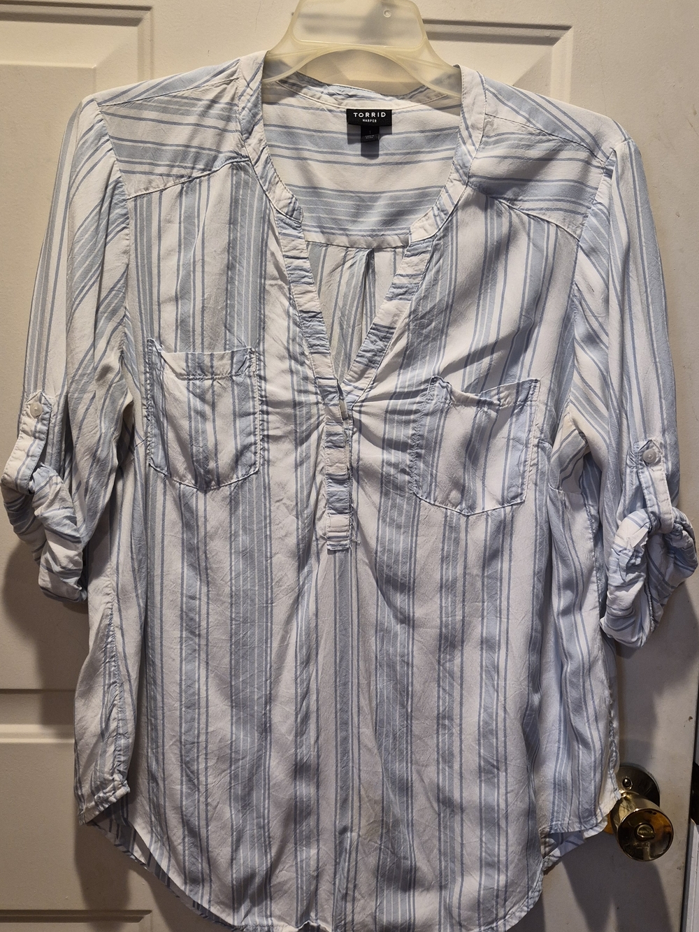 torrid White and Light Blue Striped V-Neck Utility Tunic